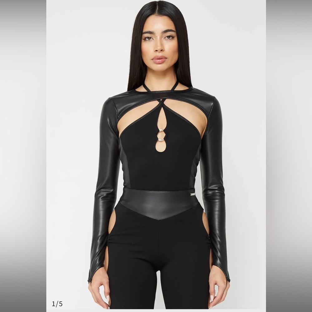 Maniere De Voir Black Cutout Faux-Leather Long Sleeve Top